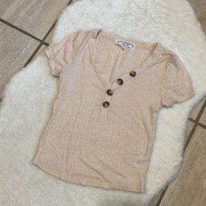 Button Detail V-neck Ribbed Top